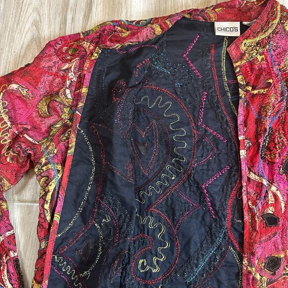 Chicos Jacket Topper Coat Silk 2/S Pink Boho Beaded Embroidered Blazer Artsy - Picture 7 of 10